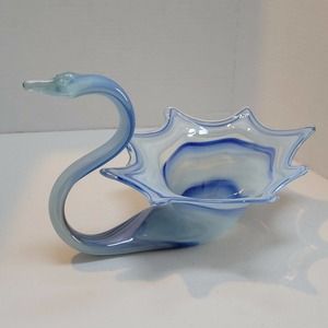 Vintage Hand Blown Sooner Glass Swan Planter Center Bowl Blue White Swirl